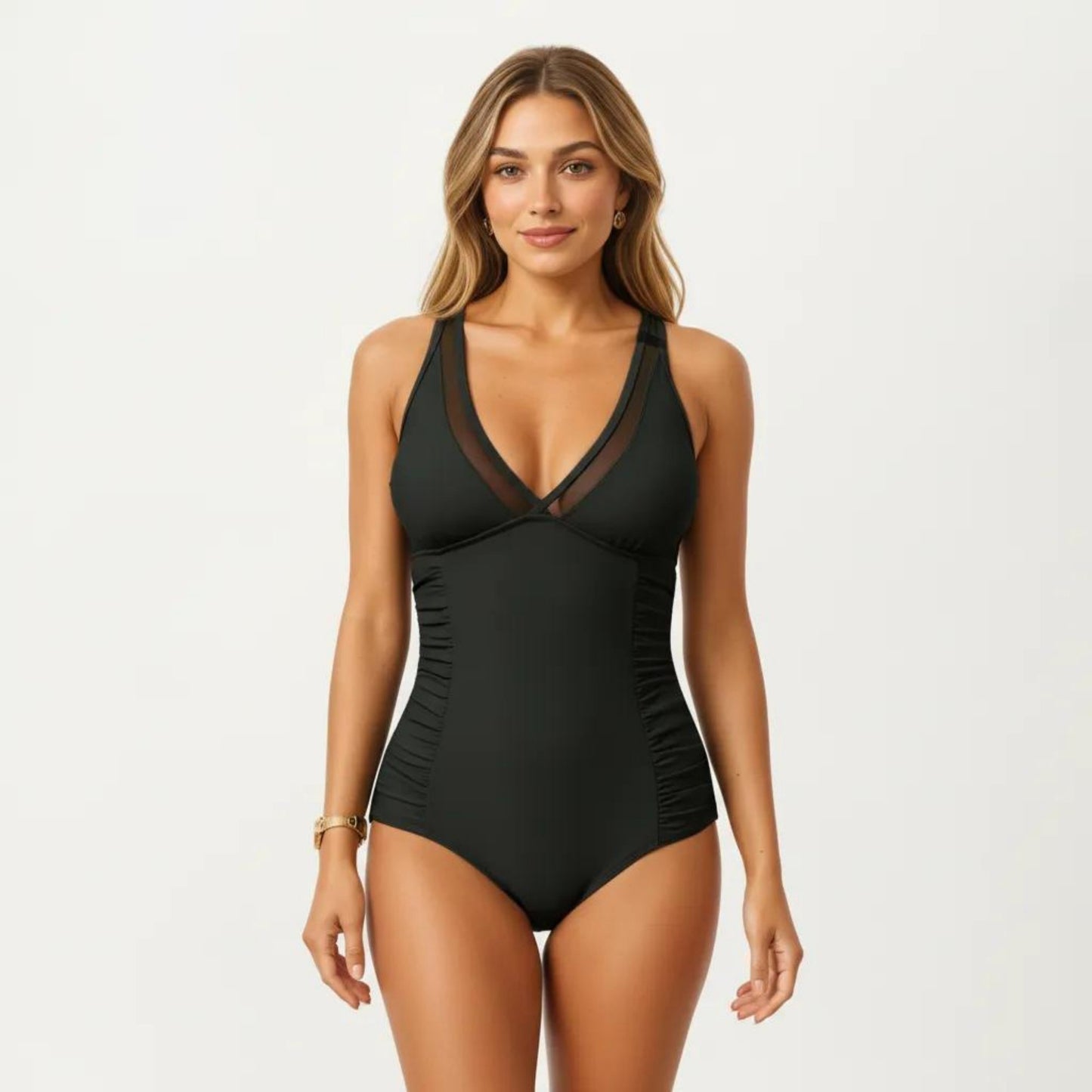 One Piece Swimsuit with Sheer V Neck Inset Ruched Sides and Supportive Fit