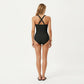 One Piece Swimsuit with Sheer V Neck Inset Ruched Sides and Supportive Fit