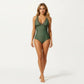 One Piece Swimsuit with Sheer V Neck Inset Ruched Sides and Supportive Fit