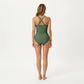 One Piece Swimsuit with Sheer V Neck Inset Ruched Sides and Supportive Fit