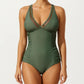 One Piece Swimsuit with Sheer V Neck Inset Ruched Sides and Supportive Fit