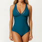 One Piece Swimsuit with Sheer V Neck Inset Ruched Sides and Supportive Fit
