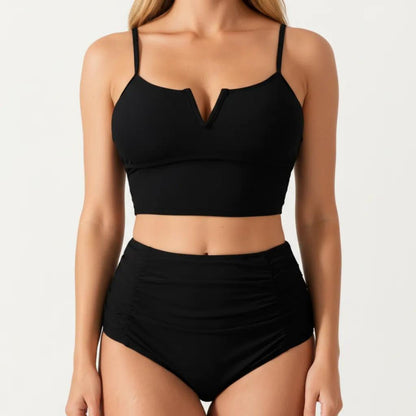 Two Piece Bikini Set with V Notch Crop Bikini Top and High Waist Bottom
