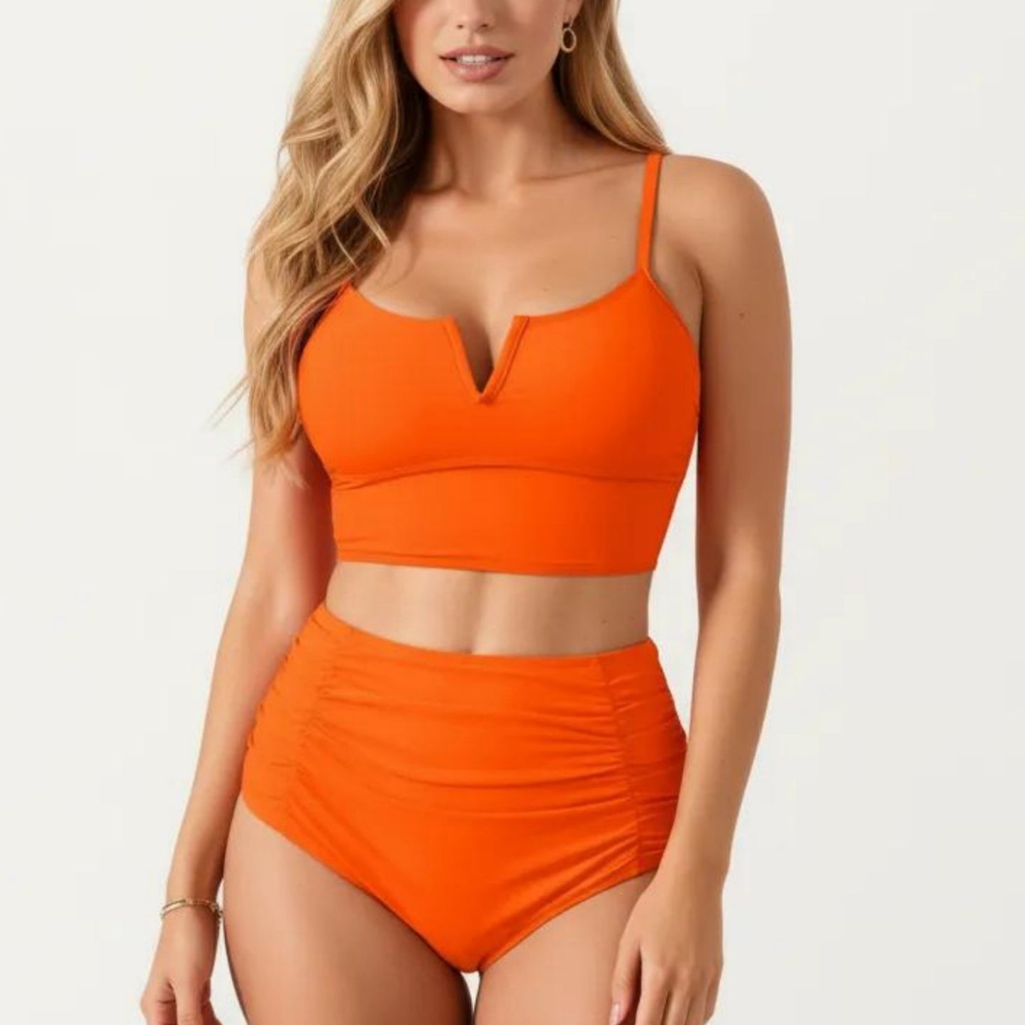 Two Piece Bikini Set with V Notch Crop Bikini Top and High Waist Bottom
