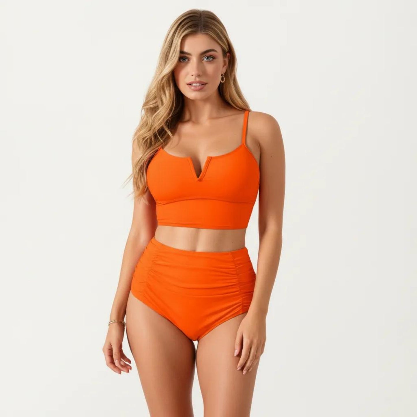 Two Piece Bikini Set with V Notch Crop Bikini Top and High Waist Bottom