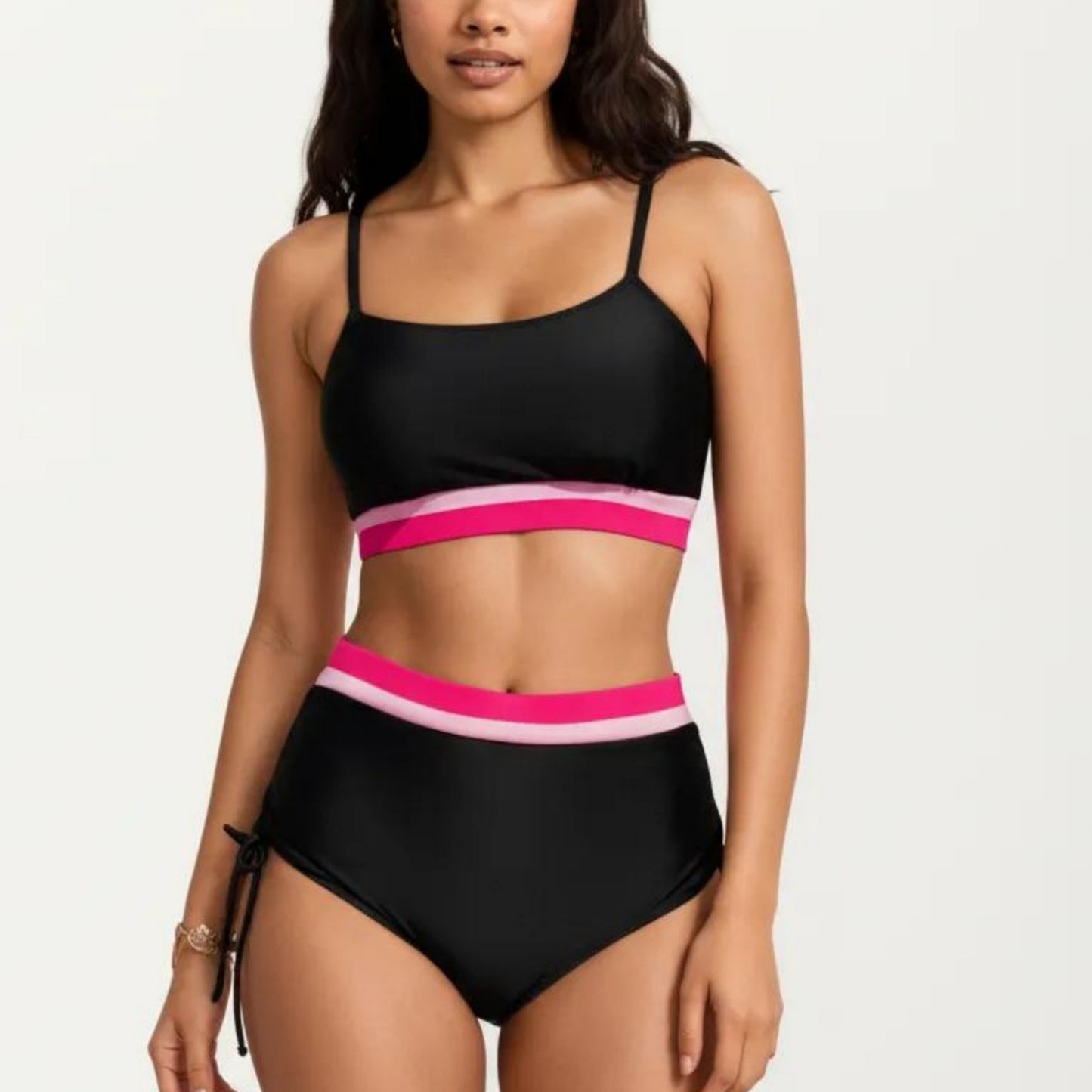 Two Piece Bikini Set with Scoop Neck Top High Waist Bottom and Contrast Trim