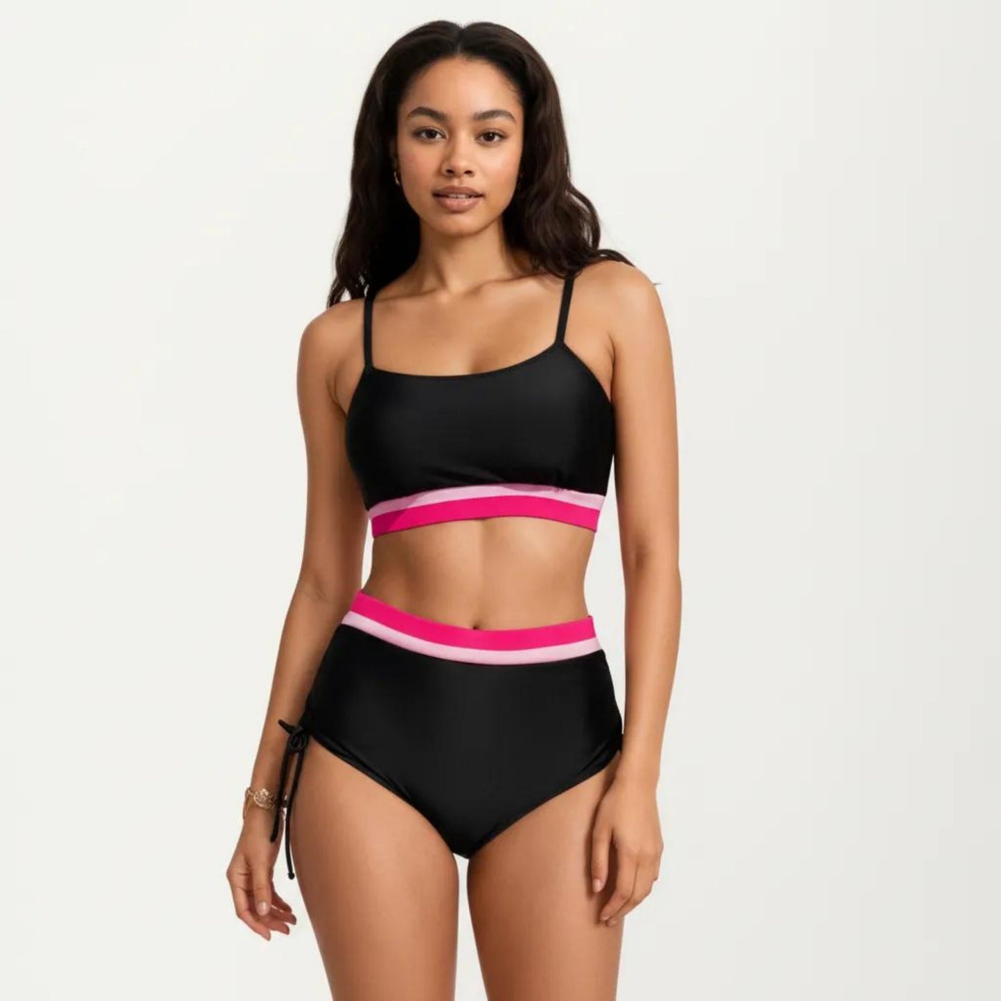 Two Piece Bikini Set with Scoop Neck Top High Waist Bottom and Contrast Trim
