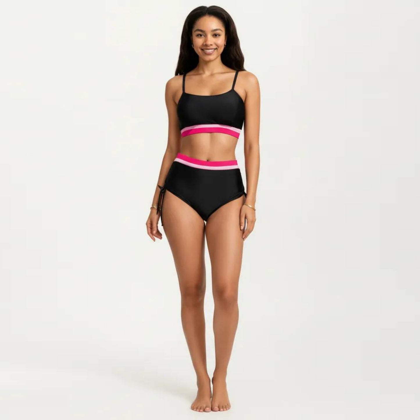 Two Piece Bikini Set with Scoop Neck Top High Waist Bottom and Contrast Trim