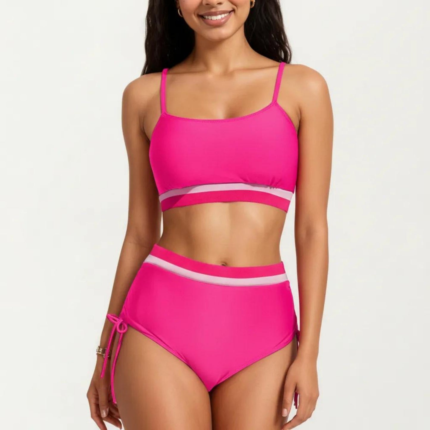 Two Piece Bikini Set with Scoop Neck Top High Waist Bottom and Contrast Trim