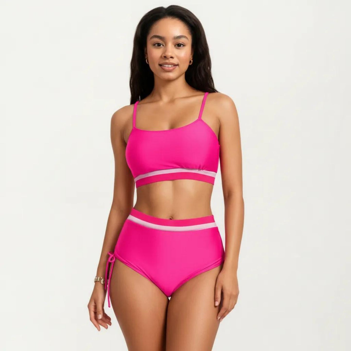 Two Piece Bikini Set with Scoop Neck Top High Waist Bottom and Contrast Trim