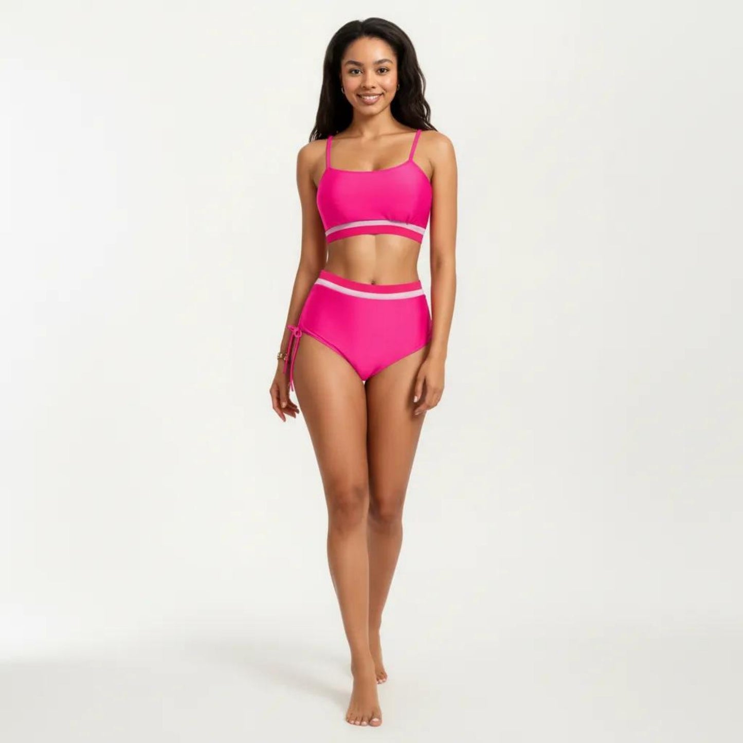 Two Piece Bikini Set with Scoop Neck Top High Waist Bottom and Contrast Trim