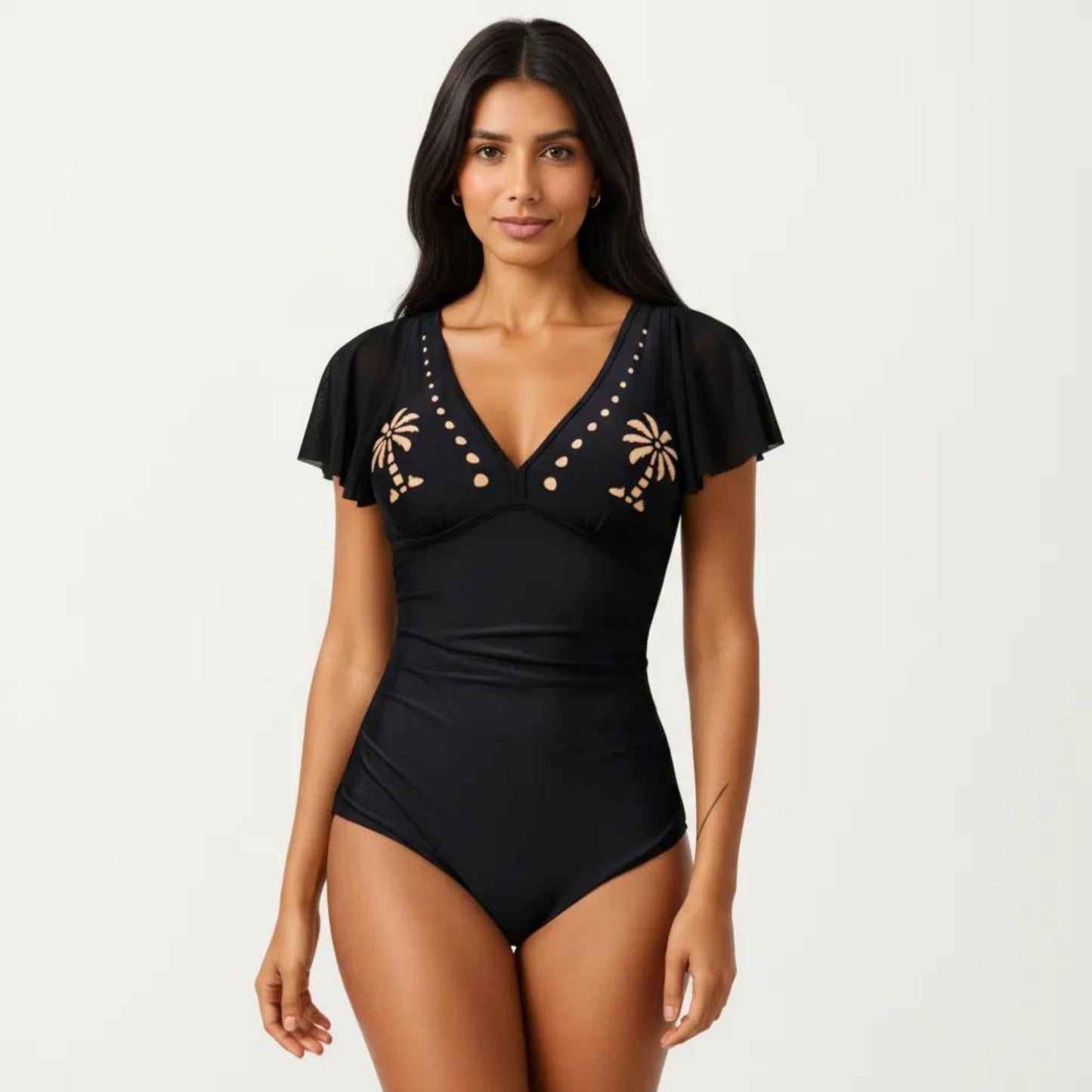 One Piece Swimsuit with Flutter Sleeves V Neck Bust Detail and Shaping Silhouette