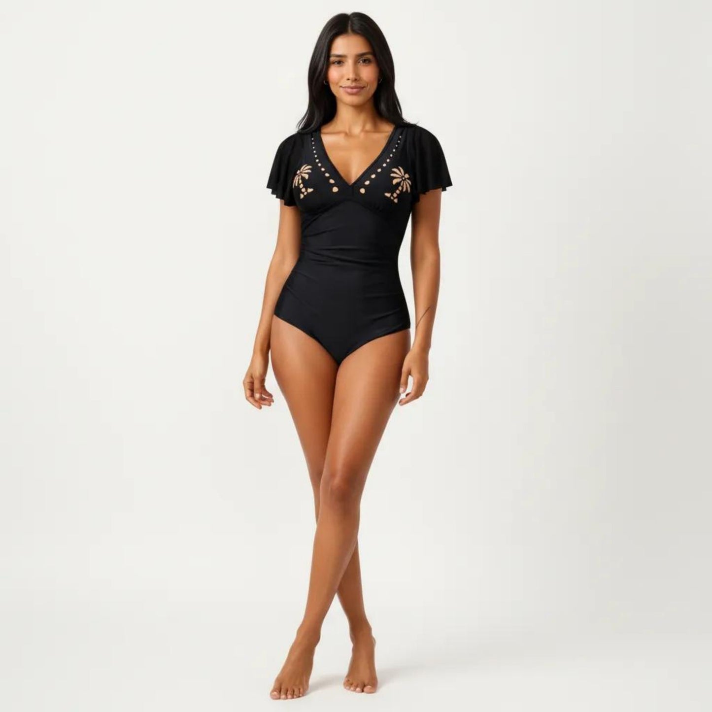 One Piece Swimsuit with Flutter Sleeves V Neck Bust Detail and Shaping Silhouette