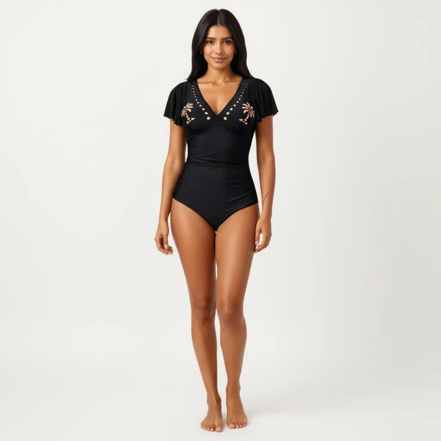One Piece Swimsuit with Flutter Sleeves V Neck Bust Detail and Shaping Silhouette