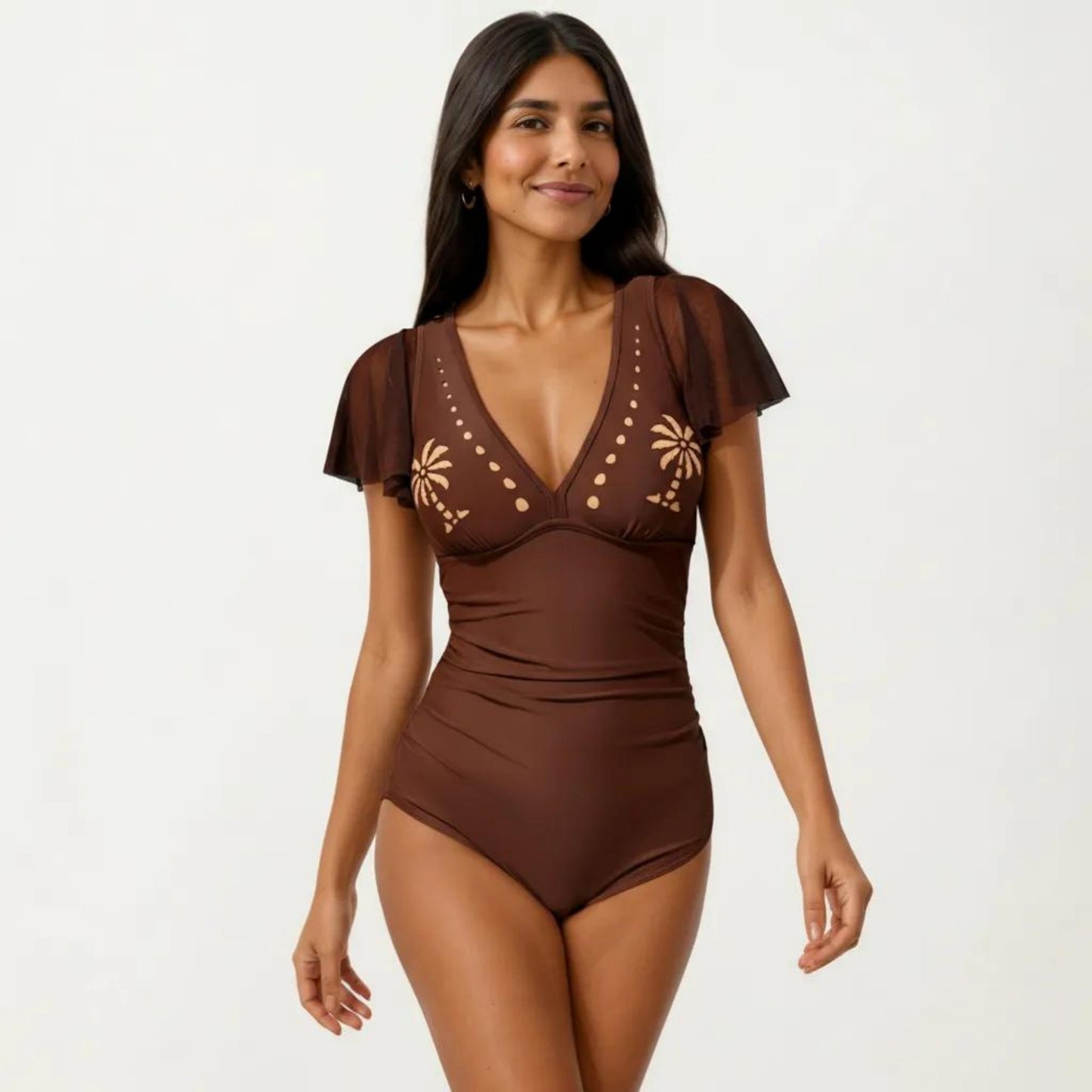 One Piece Swimsuit with Flutter Sleeves V Neck Bust Detail and Shaping Silhouette