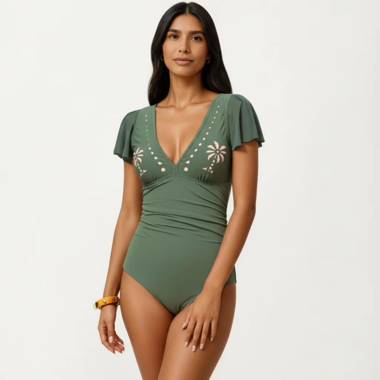 One Piece Swimsuit with Flutter Sleeves V Neck Bust Detail and Shaping Silhouette