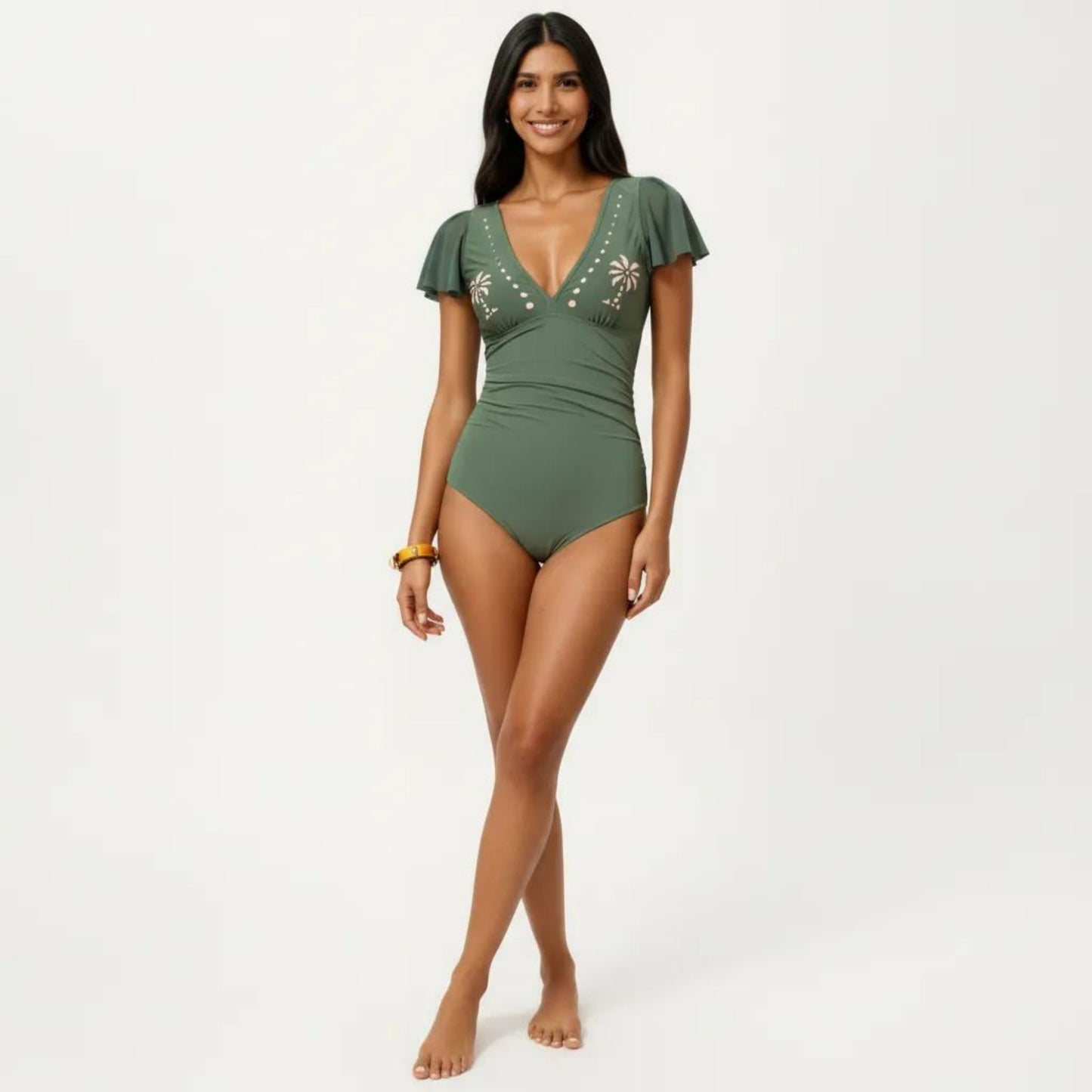 One Piece Swimsuit with Flutter Sleeves V Neck Bust Detail and Shaping Silhouette