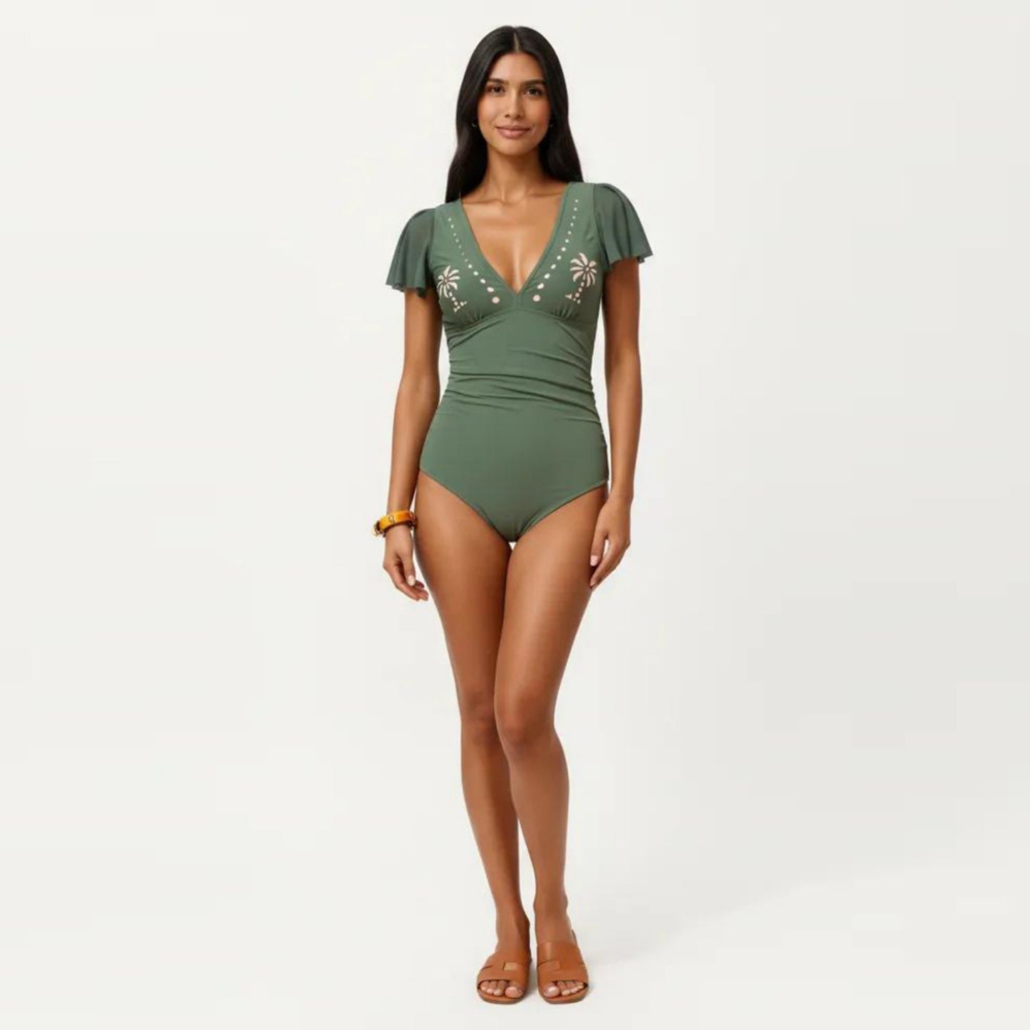 One Piece Swimsuit with Flutter Sleeves V Neck Bust Detail and Shaping Silhouette