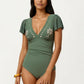 One Piece Swimsuit with Flutter Sleeves V Neck Bust Detail and Shaping Silhouette