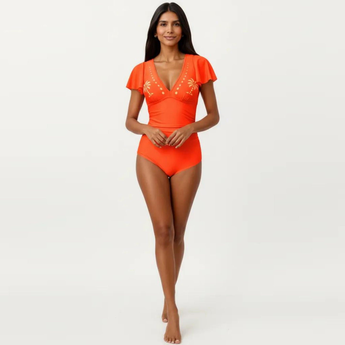 One Piece Swimsuit with Flutter Sleeves V Neck Bust Detail and Shaping Silhouette