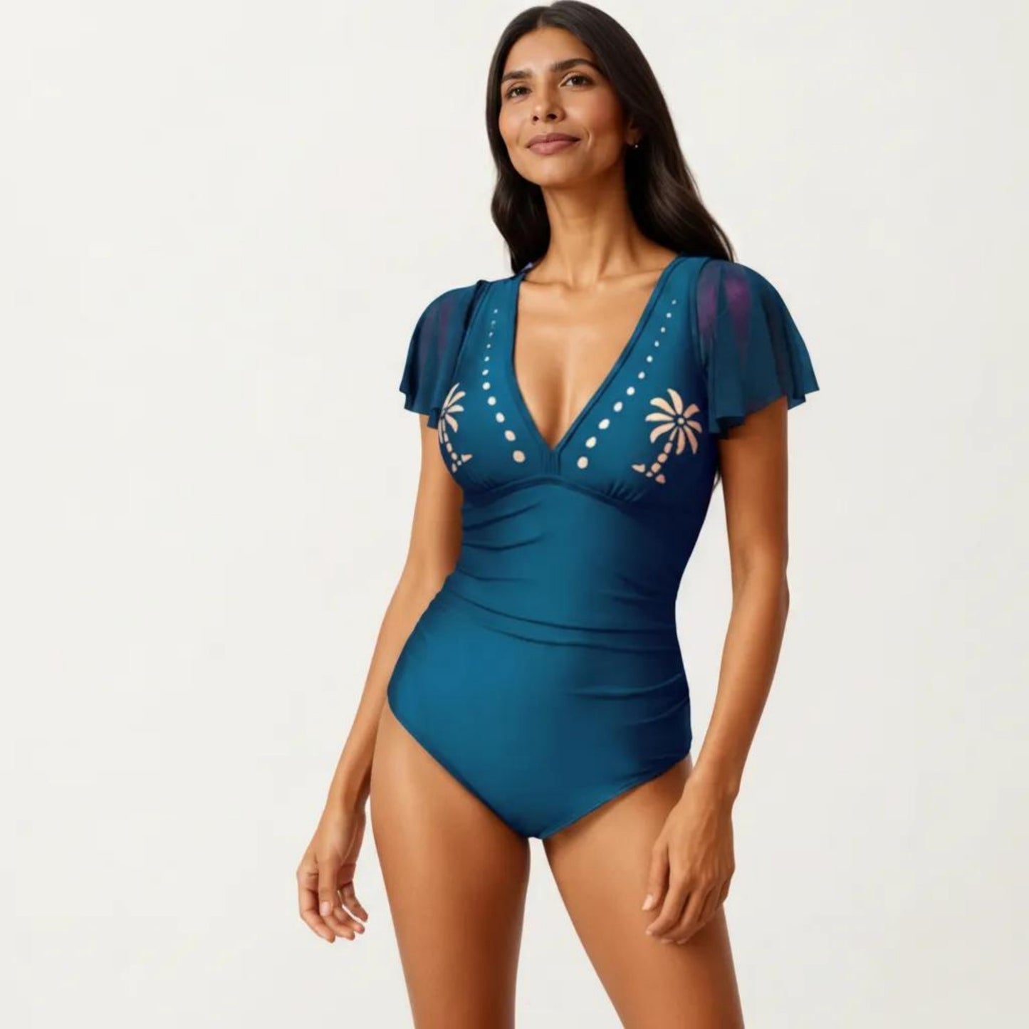 One Piece Swimsuit with Flutter Sleeves V Neck Bust Detail and Shaping Silhouette