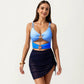 One Piece Cutout Swimsuit with Adjustable Straps Decorative Floral Hardware and Ruched Skirt Overlay