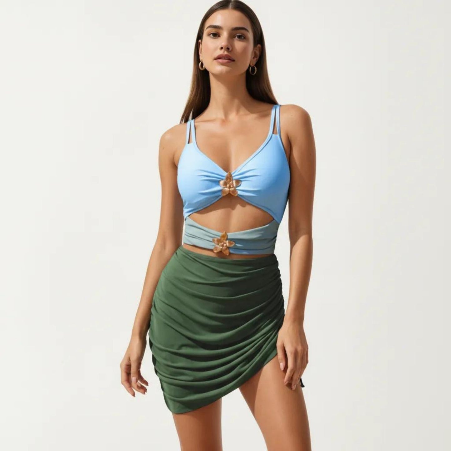One Piece Cutout Swimsuit with Adjustable Straps Decorative Floral Hardware and Ruched Skirt Overlay