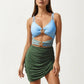 One Piece Cutout Swimsuit with Adjustable Straps Decorative Floral Hardware and Ruched Skirt Overlay