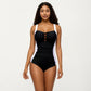 One Piece Swimsuit with Triple Keyhole Bust Detail Contrast Side Panels and Wide Straps