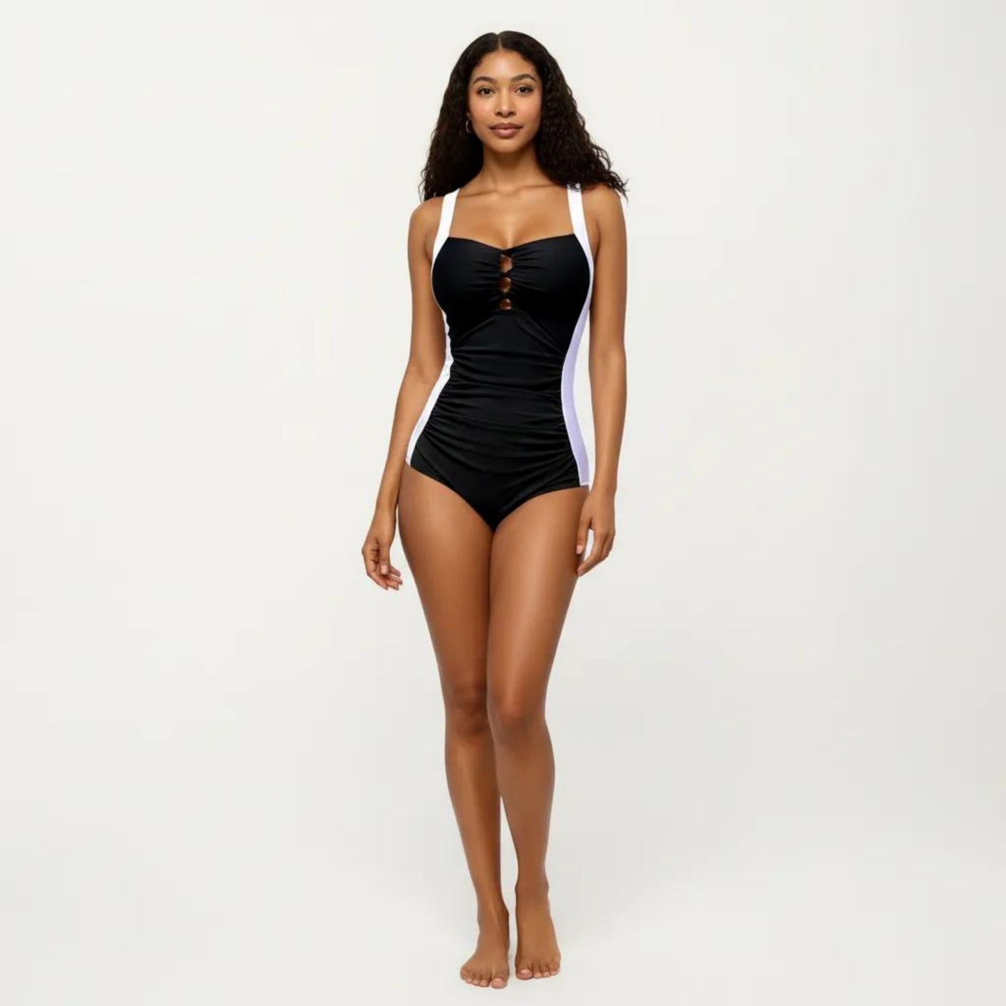 One Piece Swimsuit with Triple Keyhole Bust Detail Contrast Side Panels and Wide Straps