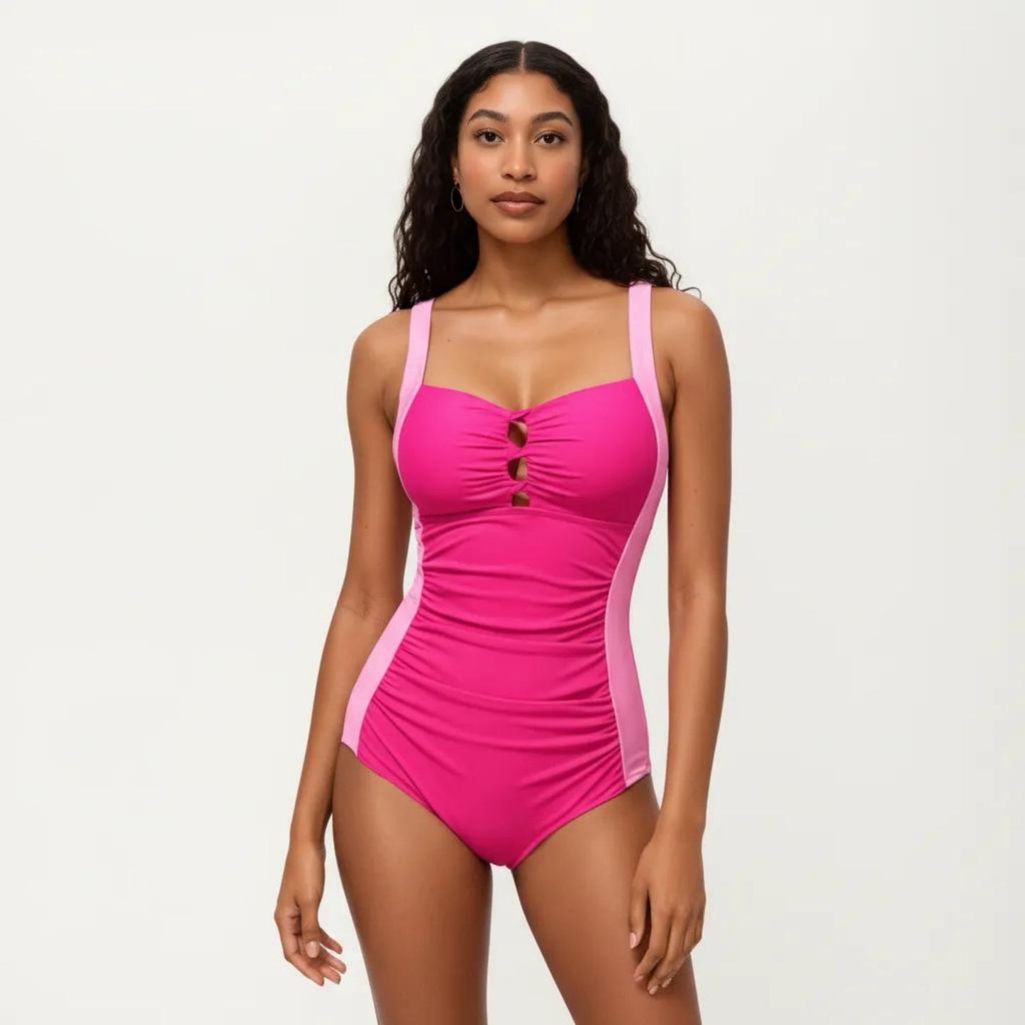 One Piece Swimsuit with Triple Keyhole Bust Detail Contrast Side Panels and Wide Straps