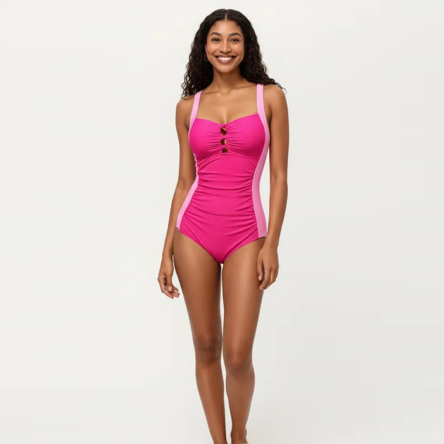 One Piece Swimsuit with Triple Keyhole Bust Detail Contrast Side Panels and Wide Straps