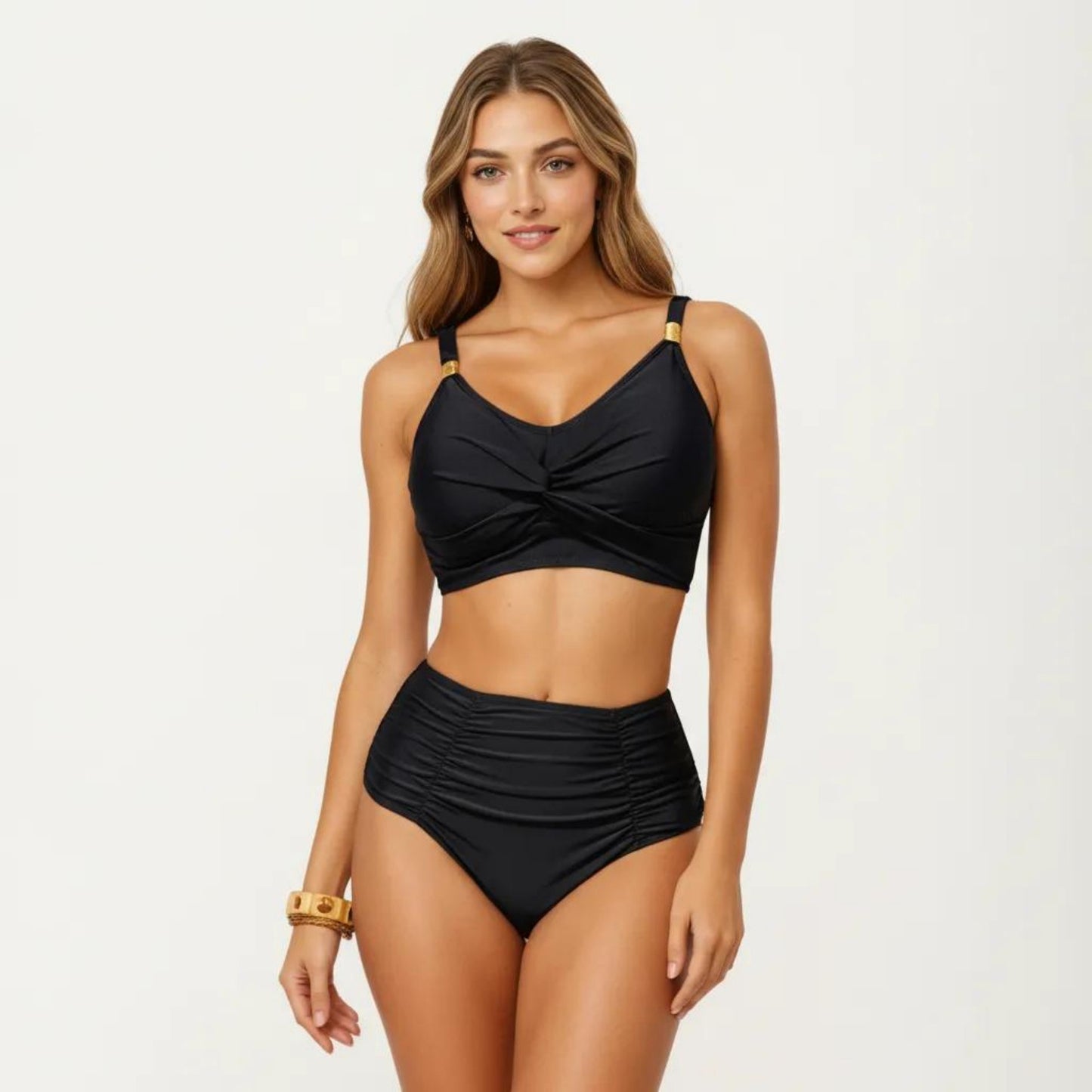 2-Piece Bikini Set with Twist Front Bralette Top Adjustable Straps and Ruched High Rise Bottom