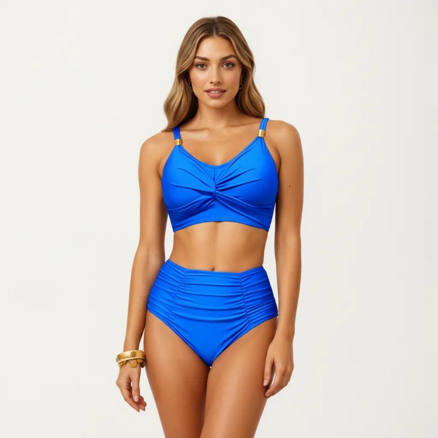2-Piece Bikini Set with Twist Front Bralette Top Adjustable Straps and Ruched High Rise Bottom