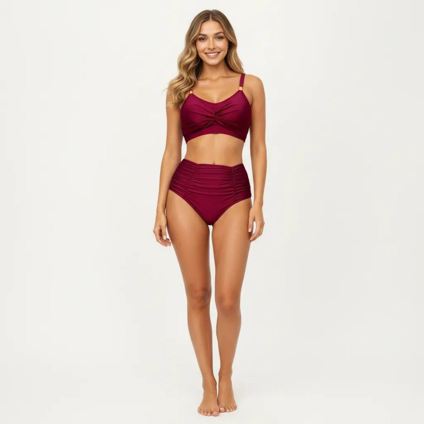 2-Piece Bikini Set with Twist Front Bralette Top Adjustable Straps and Ruched High Rise Bottom