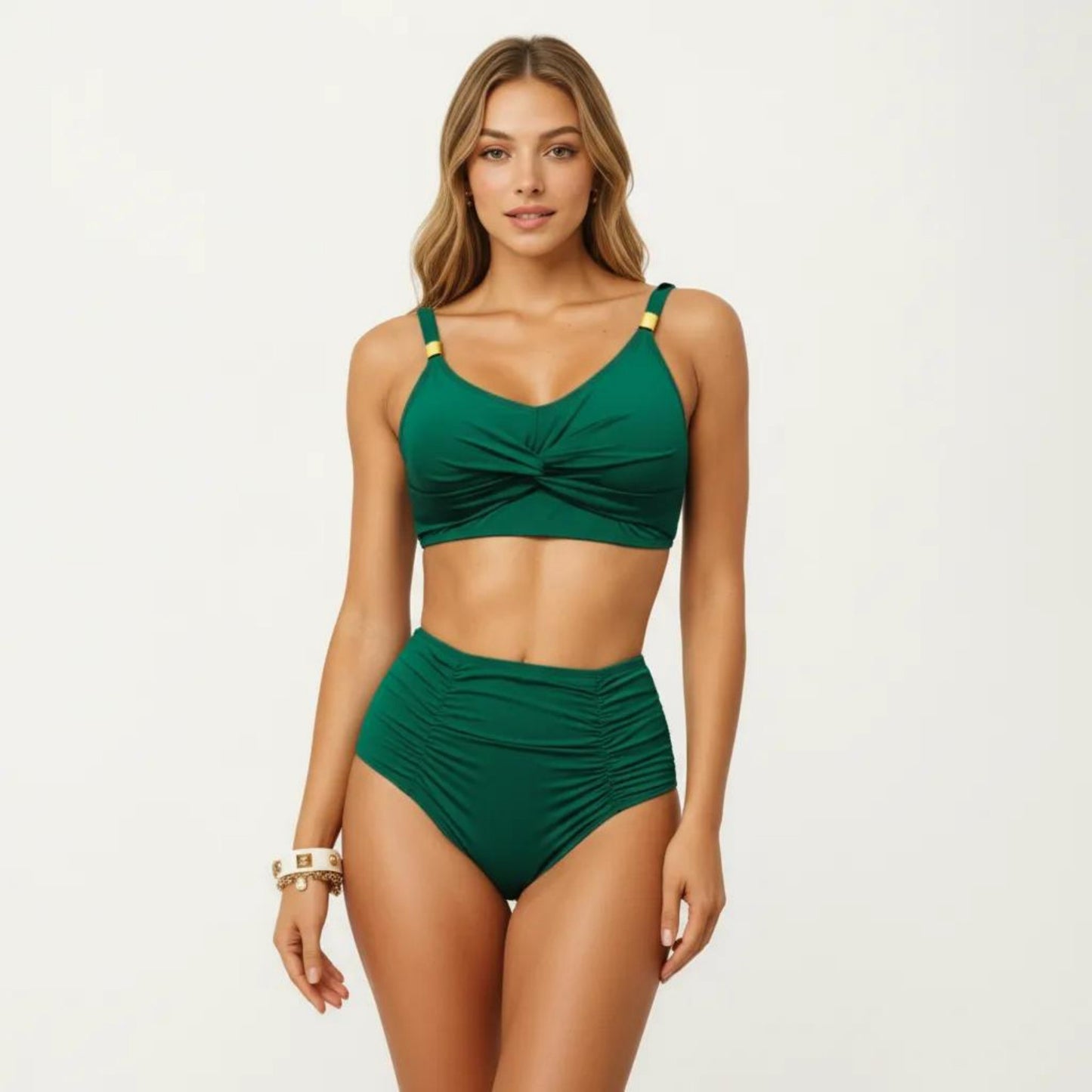 2-Piece Bikini Set with Twist Front Bralette Top Adjustable Straps and Ruched High Rise Bottom