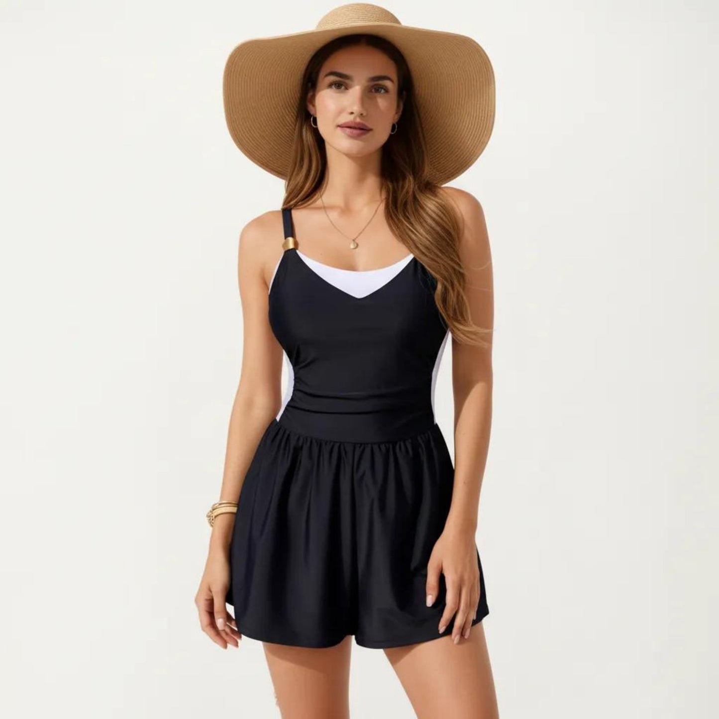 One Piece Swim Romper with Contrast Neckline Adjustable Straps and Flowy Short Bottom