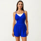 One Piece Swim Romper with Contrast Neckline Adjustable Straps and Flowy Short Bottom