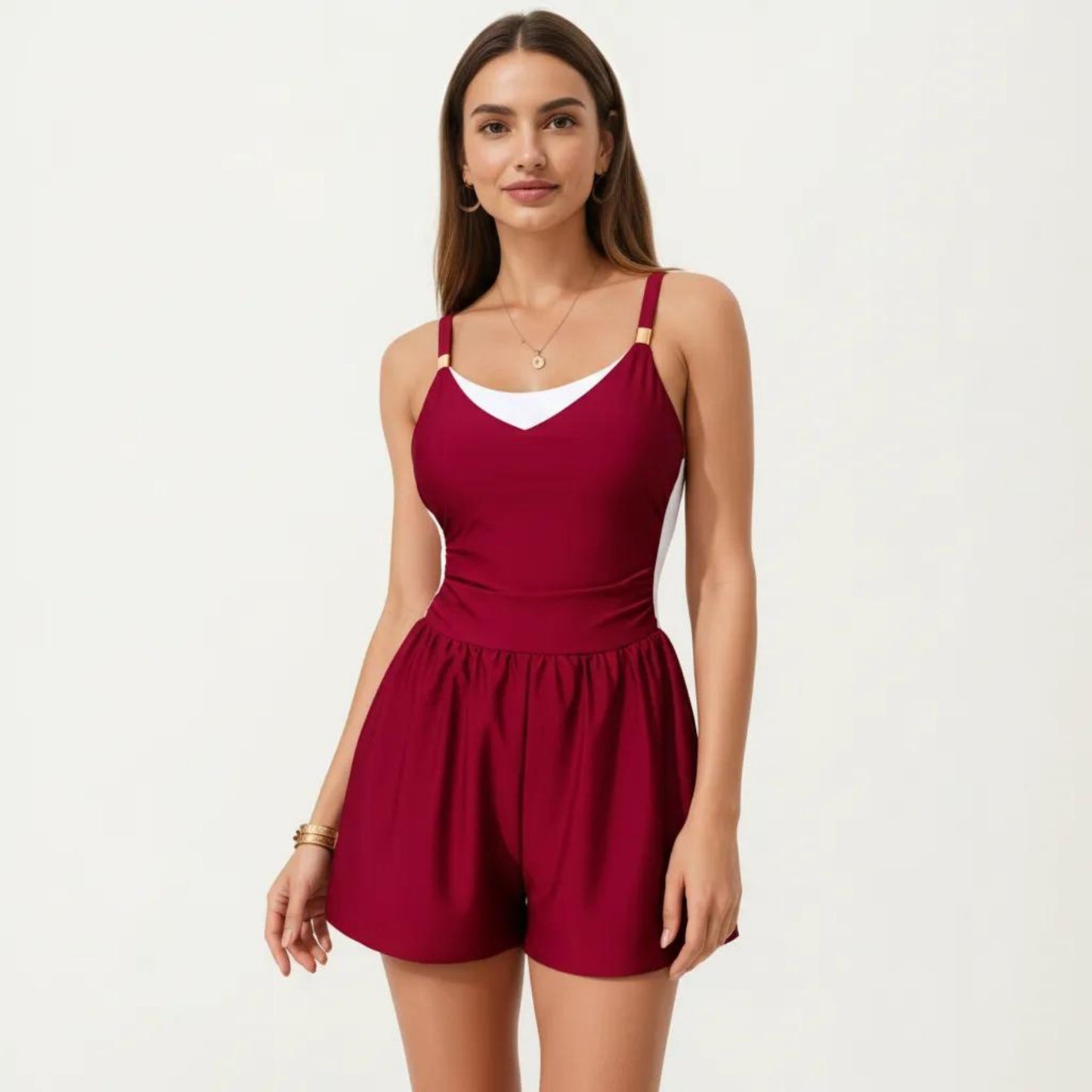 One Piece Swim Romper with Contrast Neckline Adjustable Straps and Flowy Short Bottom