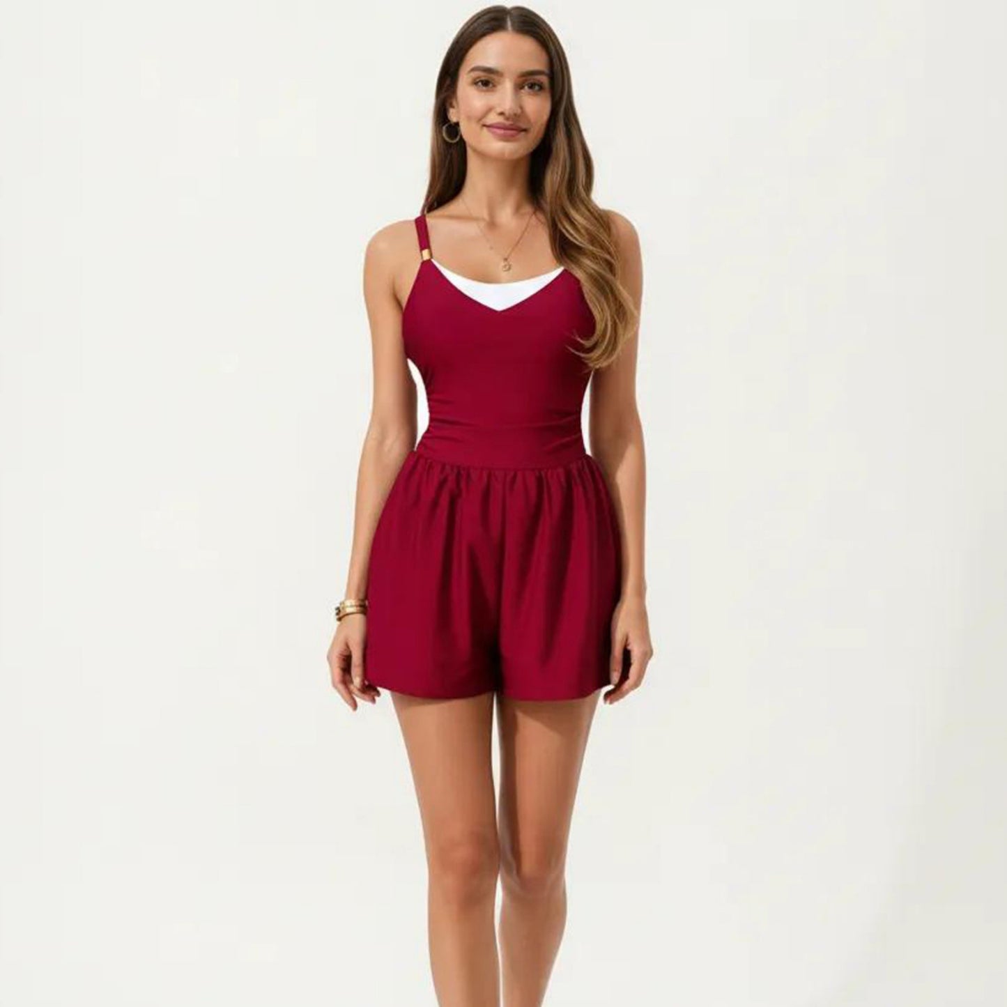 One Piece Swim Romper with Contrast Neckline Adjustable Straps and Flowy Short Bottom