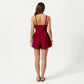 One Piece Swim Romper with Contrast Neckline Adjustable Straps and Flowy Short Bottom