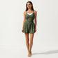 One Piece Swim Romper with Contrast Neckline Adjustable Straps and Flowy Short Bottom