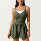 One Piece Swim Romper with Contrast Neckline Adjustable Straps and Flowy Short Bottom