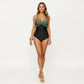 One Piece Swimsuit with Twist Front Bust Detail Contrast Paneling and Adjustable Straps