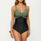 One Piece Swimsuit with Twist Front Bust Detail Contrast Paneling and Adjustable Straps