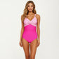 One Piece Swimsuit with Twist Front Bust Detail Contrast Paneling and Adjustable Straps