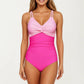 One Piece Swimsuit with Twist Front Bust Detail Contrast Paneling and Adjustable Straps