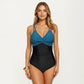 One Piece Swimsuit with Twist Front Bust Detail Contrast Paneling and Adjustable Straps