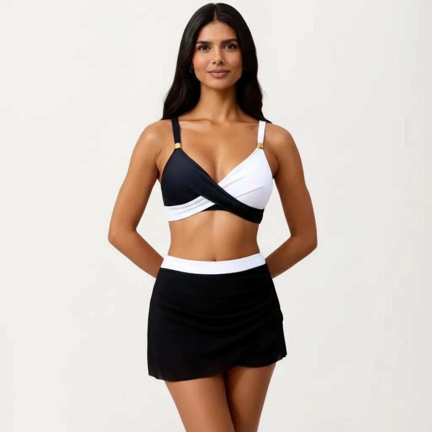 2-Piece Swim Set with Crisscross Bralette Top Adjustable Straps and Ruched Skirted Bottom