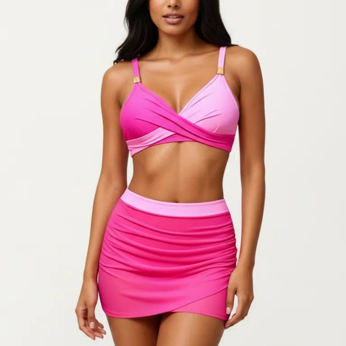 2-Piece Swim Set with Crisscross Bralette Top Adjustable Straps and Ruched Skirted Bottom